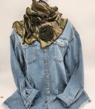 Load image into Gallery viewer, upcycled scarf, swag scarf, sweater scarf, cowl neck scarf, handmade scarf, couture trend, eco-conscious, josie t. designs, reclaimed textiles, repurposed textiles, repurposed fabric projects, DIY upcycled scarf, re-purposed fabric projects, textile art scarf

