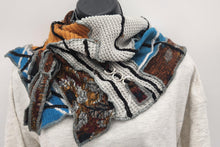 Load image into Gallery viewer, upcycled scarf, swag scarf, sweater scarf, cowl neck scarf, handmade scarf, couture trend, eco-conscious, josie t. designs, reclaimed textiles, repurposed textiles, repurposed fabric projects, DIY upcycled scarf, re-purposed fabric projects, textile art scarf
