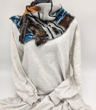 Load image into Gallery viewer, upcycled scarf, swag scarf, sweater scarf, cowl neck scarf, handmade scarf, couture trend, eco-conscious, josie t. designs, reclaimed textiles, repurposed textiles, repurposed fabric projects, DIY upcycled scarf, re-purposed fabric projects, textile art scarf
