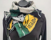 Load image into Gallery viewer, upcycled scarf, swag scarf, sweater scarf, cowl neck scarf, handmade scarf, couture trend, eco-conscious, josie t. designs, reclaimed textiles, repurposed textiles, repurposed fabric projects, DIY upcycled scarf, re-purposed fabric projects, textile art scarf green bay packer scarf, packer apparel, handmade packer scarf
