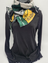 Load image into Gallery viewer, upcycled scarf, swag scarf, sweater scarf, cowl neck scarf, handmade scarf, couture trend, eco-conscious, josie t. designs, reclaimed textiles, repurposed textiles, repurposed fabric projects, DIY upcycled scarf, re-purposed fabric projects, textile art scarf green bay packer scarf, packer apparel, handmade packer scarf
