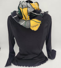 Load image into Gallery viewer, upcycled scarf, swag scarf, sweater scarf, cowl neck scarf, handmade scarf, couture trend, eco-conscious, josie t. designs, reclaimed textiles, repurposed textiles, repurposed fabric projects, DIY upcycled scarf, re-purposed fabric projects, textile art scarf green bay packer scarf, packer apparel, handmade packer scarf
