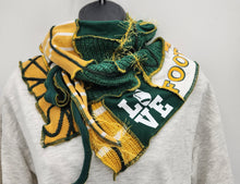 Load image into Gallery viewer, upcycled scarf, swag scarf, sweater scarf, cowl neck scarf, handmade scarf, couture trend, eco-conscious, josie t. designs, reclaimed textiles, repurposed textiles, repurposed fabric projects, DIY upcycled scarf, re-purposed fabric projects, textile art scarf
packer scarf, scarf green bay, green bay packer scarf
