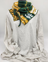 Load image into Gallery viewer, upcycled scarf, swag scarf, sweater scarf, cowl neck scarf, handmade scarf, couture trend, eco-conscious, josie t. designs, reclaimed textiles, repurposed textiles, repurposed fabric projects, DIY upcycled scarf, re-purposed fabric projects, textile art scarf
packer scarf, scarf green bay, green bay packer scarf
