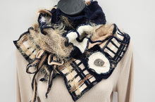 Load image into Gallery viewer, upcycled scarf, swag scarf, sweater scarf, cowl neck scarf, handmade scarf, couture trend, eco-conscious, josie t. designs, reclaimed textiles, repurposed textiles, repurposed fabric projects, DIY upcycled scarf, re-purposed fabric projects, textile art scarf
