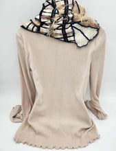 Load image into Gallery viewer, upcycled scarf, swag scarf, sweater scarf, cowl neck scarf, handmade scarf, couture trend, eco-conscious, josie t. designs, reclaimed textiles, repurposed textiles, repurposed fabric projects, DIY upcycled scarf, re-purposed fabric projects, textile art scarf
