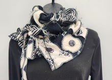 Load image into Gallery viewer, upcycled scarf, swag scarf, sweater scarf, cowl neck scarf, handmade scarf, couture trend, eco-conscious, josie t. designs, reclaimed textiles, repurposed textiles, repurposed fabric projects, DIY upcycled scarf, re-purposed fabric projects, textile art scarf
