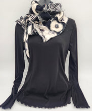Load image into Gallery viewer, upcycled scarf, swag scarf, sweater scarf, cowl neck scarf, handmade scarf, couture trend, eco-conscious, josie t. designs, reclaimed textiles, repurposed textiles, repurposed fabric projects, DIY upcycled scarf, re-purposed fabric projects, textile art scarf
