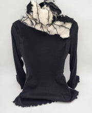 Load image into Gallery viewer, upcycled scarf, swag scarf, sweater scarf, cowl neck scarf, handmade scarf, couture trend, eco-conscious, josie t. designs, reclaimed textiles, repurposed textiles, repurposed fabric projects, DIY upcycled scarf, re-purposed fabric projects, textile art scarf
