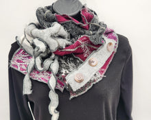 Load image into Gallery viewer, upcycled scarf, swag scarf, sweater scarf, cowl neck scarf, handmade scarf, couture trend, eco-conscious, josie t. designs, reclaimed textiles, repurposed textiles, repurposed fabric projects, DIY upcycled scarf, re-purposed fabric projects, textile art scarf
