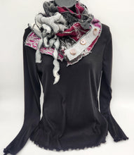 Load image into Gallery viewer, upcycled scarf, swag scarf, sweater scarf, cowl neck scarf, handmade scarf, couture trend, eco-conscious, josie t. designs, reclaimed textiles, repurposed textiles, repurposed fabric projects, DIY upcycled scarf, re-purposed fabric projects, textile art scarf

