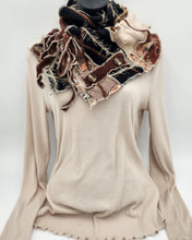 Load image into Gallery viewer, upcycled scarf, swag scarf, sweater scarf, cowl neck scarf, handmade scarf, couture trend, eco-conscious, josie t. designs, reclaimed textiles, repurposed textiles, repurposed fabric projects, DIY upcycled scarf, re-purposed fabric projects, textile art scarf
