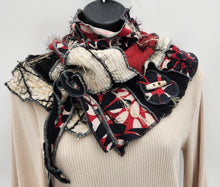 Load image into Gallery viewer, upcycled scarf, swag scarf, sweater scarf, cowl neck scarf, handmade scarf, couture trend, eco-conscious, josie t. designs, reclaimed textiles, repurposed textiles, repurposed fabric projects, DIY upcycled scarf, re-purposed fabric projects, textile art scarf
