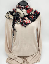 Load image into Gallery viewer, upcycled scarf, swag scarf, sweater scarf, cowl neck scarf, handmade scarf, couture trend, eco-conscious, josie t. designs, reclaimed textiles, repurposed textiles, repurposed fabric projects, DIY upcycled scarf, re-purposed fabric projects, textile art scarf
