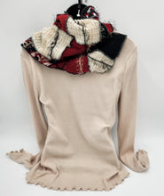 Load image into Gallery viewer, upcycled scarf, swag scarf, sweater scarf, cowl neck scarf, handmade scarf, couture trend, eco-conscious, josie t. designs, reclaimed textiles, repurposed textiles, repurposed fabric projects, DIY upcycled scarf, re-purposed fabric projects, textile art scarf
