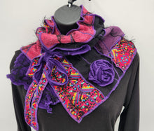 Load image into Gallery viewer, upcycled scarf, swag scarf, sweater scarf, cowl neck scarf, handmade scarf, couture trend, eco-conscious, josie t. designs, reclaimed textiles, repurposed textiles, repurposed fabric projects, DIY upcycled scarf, re-purposed fabric projects, textile art scarf
