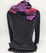Load image into Gallery viewer, upcycled scarf, swag scarf, sweater scarf, cowl neck scarf, handmade scarf, couture trend, eco-conscious, josie t. designs, reclaimed textiles, repurposed textiles, repurposed fabric projects, DIY upcycled scarf, re-purposed fabric projects, textile art scarf
