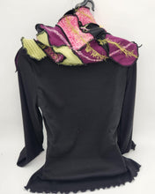 Load image into Gallery viewer, upcycled scarf, swag scarf, sweater scarf, cowl neck scarf, handmade scarf, couture trend, eco-conscious, josie t. designs, reclaimed textiles, repurposed textiles, repurposed fabric projects, DIY upcycled scarf, re-purposed fabric projects, textile art scarf

