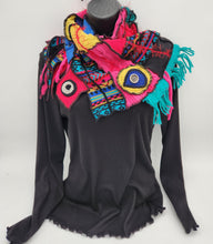 Load image into Gallery viewer, upcycled scarf, swag scarf, sweater scarf, cowl neck scarf, handmade scarf, couture trend, eco-conscious, josie t. designs, reclaimed textiles, repurposed textiles, repurposed fabric projects, DIY upcycled scarf, re-purposed fabric projects, textile art scarf

