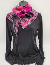 Load image into Gallery viewer, upcycled scarf, swag scarf, sweater scarf, cowl neck scarf, handmade scarf, couture trend, eco-conscious, josie t. designs, reclaimed textiles, repurposed textiles, repurposed fabric projects, DIY upcycled scarf, re-purposed fabric projects, textile art scarf, upcycled couture fabric neck cowl scarf, boho chic
