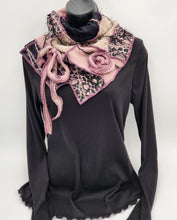 Load image into Gallery viewer, upcycled scarf, swag scarf, sweater scarf, cowl neck scarf, handmade scarf, couture trend, eco-conscious, josie t. designs, reclaimed textiles, repurposed textiles, repurposed fabric projects, DIY upcycled scarf, re-purposed fabric projects, textile art scarf, upcycled couture fabric neck cowl scarf, boho chic
