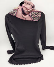 Load image into Gallery viewer, upcycled scarf, swag scarf, sweater scarf, cowl neck scarf, handmade scarf, couture trend, eco-conscious, josie t. designs, reclaimed textiles, repurposed textiles, repurposed fabric projects, DIY upcycled scarf, re-purposed fabric projects, textile art scarf, upcycled couture fabric neck cowl scarf, boho chic
