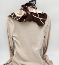 Load image into Gallery viewer, upcycled scarf, swag scarf, sweater scarf, cowl neck scarf, handmade scarf, couture trend, eco-conscious, josie t. designs, reclaimed textiles, repurposed textiles, repurposed fabric projects, DIY upcycled scarf, re-purposed fabric projects, textile art scarf, upcycled couture fabric neck cowl scarf, boho chic
