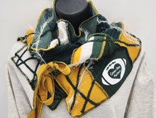 Load image into Gallery viewer, upcycled scarf, swag scarf, sweater scarf, cowl neck scarf, handmade scarf, couture trend, eco-conscious, josie t. designs, reclaimed textiles, repurposed textiles, repurposed fabric projects, DIY upcycled scarf, re-purposed fabric projects, textile art scarf, upcycled couture fabric neck cowl scarf, boho chic, packers scarf, green bay packer apparel
