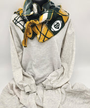Load image into Gallery viewer, upcycled scarf, swag scarf, sweater scarf, cowl neck scarf, handmade scarf, couture trend, eco-conscious, josie t. designs, reclaimed textiles, repurposed textiles, repurposed fabric projects, DIY upcycled scarf, re-purposed fabric projects, textile art scarf, upcycled couture fabric neck cowl scarf, boho chic, packers scarf, green bay packer apparel

