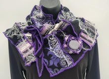 Load image into Gallery viewer, upcycled scarf, swag scarf, sweater scarf, cowl neck scarf, handmade scarf, couture trend, eco-conscious, josie t. designs, reclaimed textiles, repurposed textiles, repurposed fabric projects, DIY upcycled scarf, re-purposed fabric projects, textile art scarf, upcycled couture fabric neck cowl scarf, boho chic

