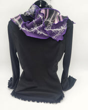 Load image into Gallery viewer, upcycled scarf, swag scarf, sweater scarf, cowl neck scarf, handmade scarf, couture trend, eco-conscious, josie t. designs, reclaimed textiles, repurposed textiles, repurposed fabric projects, DIY upcycled scarf, re-purposed fabric projects, textile art scarf, upcycled couture fabric neck cowl scarf, boho chic

