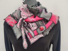 Load image into Gallery viewer, upcycled scarf, swag scarf, sweater scarf, cowl neck scarf, handmade scarf, couture trend, eco-conscious, josie t. designs, reclaimed textiles, repurposed textiles, repurposed fabric projects, DIY upcycled scarf, re-purposed fabric projects, textile art scarf, upcycled couture fabric neck cowl scarf, boho chic

