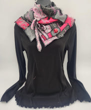 Load image into Gallery viewer, upcycled scarf, swag scarf, sweater scarf, cowl neck scarf, handmade scarf, couture trend, eco-conscious, josie t. designs, reclaimed textiles, repurposed textiles, repurposed fabric projects, DIY upcycled scarf, re-purposed fabric projects, textile art scarf, upcycled couture fabric neck cowl scarf, boho chic
