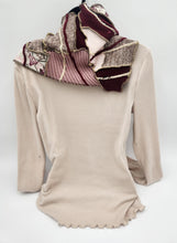 Load image into Gallery viewer, upcycled scarf, swag scarf, sweater scarf, cowl neck scarf, handmade scarf, couture trend, eco-conscious, josie t. designs, reclaimed textiles, repurposed textiles, repurposed fabric projects, DIY upcycled scarf, re-purposed fabric projects, textile art scarf, upcycled couture fabric neck cowl scarf, boho chic
