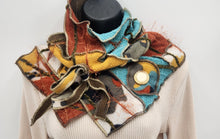 Load image into Gallery viewer, upcycled scarf, swag scarf, sweater scarf, cowl neck scarf, handmade scarf, couture trend, eco-conscious, josie t. designs, reclaimed textiles, repurposed textiles, repurposed fabric projects, DIY upcycled scarf, re-purposed fabric projects, textile art scarf, upcycled couture fabric neck cowl scarf, boho chic

