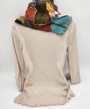 Load image into Gallery viewer, upcycled scarf, swag scarf, sweater scarf, cowl neck scarf, handmade scarf, couture trend, eco-conscious, josie t. designs, reclaimed textiles, repurposed textiles, repurposed fabric projects, DIY upcycled scarf, re-purposed fabric projects, textile art scarf, upcycled couture fabric neck cowl scarf, boho chic

