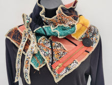 Load image into Gallery viewer, upcycled scarf, swag scarf, sweater scarf, cowl neck scarf, handmade scarf, couture trend, eco-conscious, josie t. designs, reclaimed textiles, repurposed textiles, repurposed fabric projects, DIY upcycled scarf, re-purposed fabric projects, textile art scarf, upcycled couture fabric neck cowl scarf, boho chic
