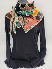 Load image into Gallery viewer, upcycled scarf, swag scarf, sweater scarf, cowl neck scarf, handmade scarf, couture trend, eco-conscious, josie t. designs, reclaimed textiles, repurposed textiles, repurposed fabric projects, DIY upcycled scarf, re-purposed fabric projects, textile art scarf, upcycled couture fabric neck cowl scarf, boho chic
