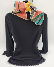 Load image into Gallery viewer, upcycled scarf, swag scarf, sweater scarf, cowl neck scarf, handmade scarf, couture trend, eco-conscious, josie t. designs, reclaimed textiles, repurposed textiles, repurposed fabric projects, DIY upcycled scarf, re-purposed fabric projects, textile art scarf, upcycled couture fabric neck cowl scarf, boho chic
