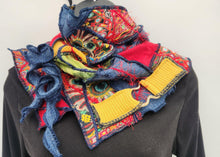 Load image into Gallery viewer, upcycled scarf, swag scarf, sweater scarf, cowl neck scarf, handmade scarf, couture trend, eco-conscious, josie t. designs, reclaimed textiles, repurposed textiles, repurposed fabric projects, DIY upcycled scarf, re-purposed fabric projects, textile art scarf, upcycled couture fabric neck cowl scarf, boho chic
