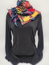 Load image into Gallery viewer, upcycled scarf, swag scarf, sweater scarf, cowl neck scarf, handmade scarf, couture trend, eco-conscious, josie t. designs, reclaimed textiles, repurposed textiles, repurposed fabric projects, DIY upcycled scarf, re-purposed fabric projects, textile art scarf, upcycled couture fabric neck cowl scarf, boho chic
