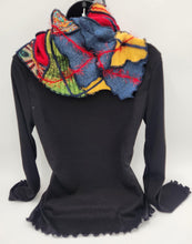 Load image into Gallery viewer, upcycled scarf, swag scarf, sweater scarf, cowl neck scarf, handmade scarf, couture trend, eco-conscious, josie t. designs, reclaimed textiles, repurposed textiles, repurposed fabric projects, DIY upcycled scarf, re-purposed fabric projects, textile art scarf, upcycled couture fabric neck cowl scarf, boho chic
