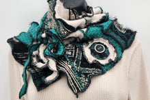 Load image into Gallery viewer, upcycled scarf, swag scarf, sweater scarf, cowl neck scarf, handmade scarf, couture trend, eco-conscious, josie t. designs, reclaimed textiles, repurposed textiles, repurposed fabric projects, DIY upcycled scarf, re-purposed fabric projects, textile art scarf, upcycled couture fabric neck cowl scarf, boho chic
