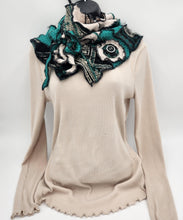 Load image into Gallery viewer, upcycled scarf, swag scarf, sweater scarf, cowl neck scarf, handmade scarf, couture trend, eco-conscious, josie t. designs, reclaimed textiles, repurposed textiles, repurposed fabric projects, DIY upcycled scarf, re-purposed fabric projects, textile art scarf, upcycled couture fabric neck cowl scarf, boho chic
