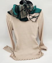 Load image into Gallery viewer, upcycled scarf, swag scarf, sweater scarf, cowl neck scarf, handmade scarf, couture trend, eco-conscious, josie t. designs, reclaimed textiles, repurposed textiles, repurposed fabric projects, DIY upcycled scarf, re-purposed fabric projects, textile art scarf, upcycled couture fabric neck cowl scarf, boho chic
