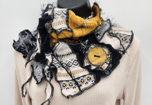 Load image into Gallery viewer, upcycled scarf, swag scarf, sweater scarf, cowl neck scarf, handmade scarf, couture trend, eco-conscious, josie t. designs, reclaimed textiles, repurposed textiles, repurposed fabric projects, DIY upcycled scarf, re-purposed fabric projects, textile art scarf, upcycled couture fabric neck cowl scarf, boho chic
