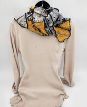Load image into Gallery viewer, upcycled scarf, swag scarf, sweater scarf, cowl neck scarf, handmade scarf, couture trend, eco-conscious, josie t. designs, reclaimed textiles, repurposed textiles, repurposed fabric projects, DIY upcycled scarf, re-purposed fabric projects, textile art scarf, upcycled couture fabric neck cowl scarf, boho chic
