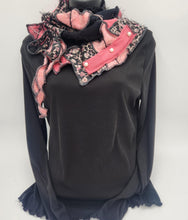 Load image into Gallery viewer, upcycled scarf, swag scarf, sweater scarf, cowl neck scarf, handmade scarf, couture trend, eco-conscious, josie t. designs, reclaimed textiles, repurposed textiles, repurposed fabric projects, DIY upcycled scarf, re-purposed fabric projects, textile art scarf, upcycled couture fabric neck cowl scarf, boho chic
