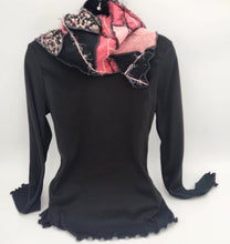 Load image into Gallery viewer, upcycled scarf, swag scarf, sweater scarf, cowl neck scarf, handmade scarf, couture trend, eco-conscious, josie t. designs, reclaimed textiles, repurposed textiles, repurposed fabric projects, DIY upcycled scarf, re-purposed fabric projects, textile art scarf, upcycled couture fabric neck cowl scarf, boho chic
