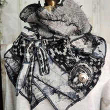 Load image into Gallery viewer, upcycled scarf, swag scarf, sweater scarf, cowl neck scarf, handmade scarf, couture trend, eco-conscious, josie t. designs, reclaimed textiles, repurposed textiles, repurposed fabric projects, DIY upcycled scarf, re-purposed fabric projects, textile art scarf, upcycled couture fabric neck cowl scarf, boho chic
